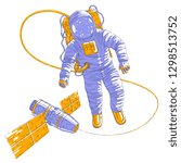 Astronaut went out into open space connected to space station, spaceman floating in weightlessness and iss spacecraft with solar panels behind him. Vector illustration isolated over white.
