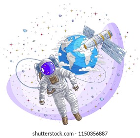 Astronaut went out into open space connected to space station and earth planet in background, spaceman floating in weightlessness and iss spacecraft, stars and other elements. Vector isolated.