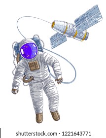 Astronaut went out into open space connected to space station, spaceman floating in weightlessness and iss spacecraft with solar panels behind him. Vector illustration isolated over white.