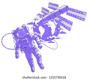 Astronaut went out into open space connected to space station and earth planet in background, spaceman floating in weightlessness and iss spacecraft with solar panels behind him. Vector.