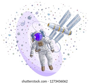 Astronaut went out into open space connected to space station, spaceman floating in weightlessness and iss spacecraft surrounded by undiscovered planets and stars. Vector illustration isolated.