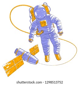 Astronaut went out into open space connected to space station, spaceman floating in weightlessness and iss spacecraft with solar panels behind him. Vector illustration isolated over white.