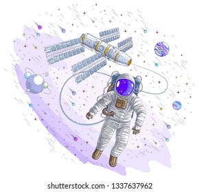 Astronaut went out into open space connected to space station, spaceman floating in weightlessness and iss spacecraft surrounded by undiscovered planets, stars and comets. Vector illustration.