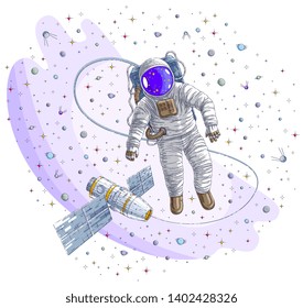 Astronaut went out into open space connected to space station, spaceman floating in weightlessness and iss spacecraft surrounded by undiscovered planets and stars. Vector illustration isolated.