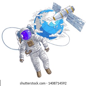 Astronaut went out into open space connected to space station and earth planet in background, spaceman floating in weightlessness and iss spacecraft with solar panels behind him. Vector.