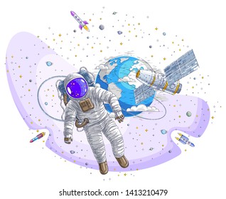 Astronaut went out into open space connected to space station and earth planet in background, spaceman floating in weightlessness and iss spacecraft, rockets and stars. Vector isolated.