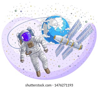 Astronaut went out into open space connected to space station and earth planet in background, spaceman floating in weightlessness and iss spacecraft, stars and other elements. Vector isolated.