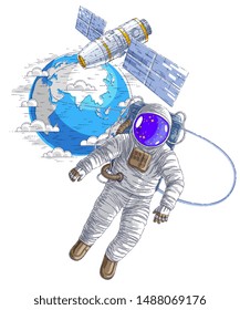 Astronaut went out into open space connected to space station and earth planet in background, spaceman floating in weightlessness and iss spacecraft with solar panels behind him. Vector.