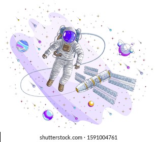 Astronaut went out into open space connected to space station, spaceman floating in weightlessness and iss spacecraft surrounded by undiscovered planets and stars. Vector illustration isolated.