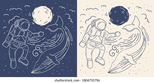 astronaut with whale mono line illustration.