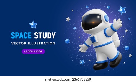 Astronaut in white blue space suit with helmet. Flies among the planets and stars on blue sky background. Space exploring concept. 3d realistic cartoon funny character. Vector illustration