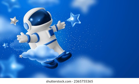 Astronaut in white blue space suit with helmet. Flies among the clouds and stars. Shows a welcoming gesture with his hand. 3d realistic cartoon funny character. Vector illustration