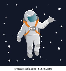 The astronaut in a white space suit with orange straps raised his hand against the background of a cosmic prostration full of stars. Cosmonaut Day. Vector illustration, isolated on white.