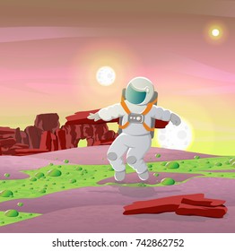 The astronaut in a white spacesuit is balancing in the middle of a stream of turbulent green liquid. Landscape of other planets. Vector illustration.