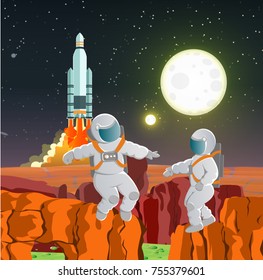 An astronaut in a white spacesuit helps another to cross the acid flow on an alien planet against a background of soaring rocket in space. Space travel, the colonization of Mars. Vector landscape