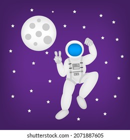 Astronaut with white spacesuit near the moon. Vector illustration