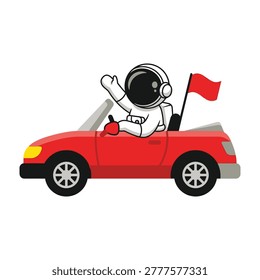 Astronaut in white suit waves from a red convertible car with a flag, symbolizing adventure and exploration.