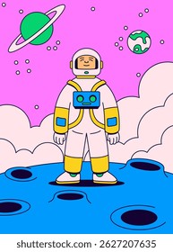 Astronaut in a white and yellow suit standing on the surface of a bright blue cratered planet cartoon vector illustration hand drawn
