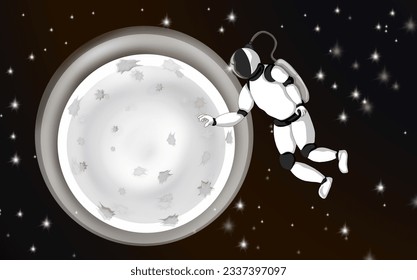 an astronaut who floated outside the sky with the background of the moon in the dark