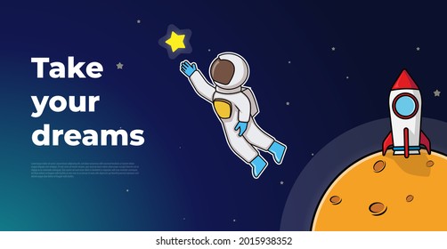 an astronaut who is picking up a star, hovering. with space, moon and rocket backgrounds