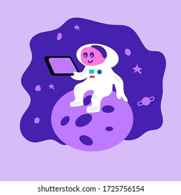 An astronaut who is sitting on the moon and carrying a smartphone in hand