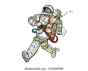 El ganador del astronauta avanza con orgullo. Traje espacial astronauta. Dibujo vectorial retro de arte pop estilo años 50 kitsch vintage