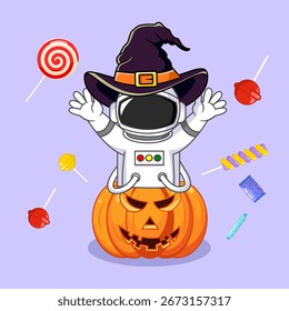 Astronaut in a Witch Hat on a Pumpkin with Halloween Candy Vector Illustration Cartoon Design