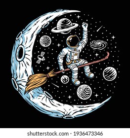 Astronaut witch on the moon vector illustration