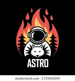 Ilustración de astronauta y lobo con fondo de fuego. Diseño audaz de mascotas de ciencia ficción que combina espacio, espíritu animal y aventura, perfecto para camisetas, logotipos, ropa de calle y marca.