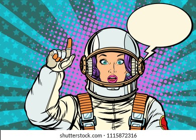 astronaut woman attention gesture. Caution warning. Pop art retro vector vintage kitsch illustration drawing