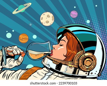 Astronaut woman drinks a glass of wine. Alcoholic party, new year holiday. Pop art retro vector illustration 50s 60s vintage kitsch style svg