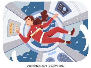 Astronaut woman floating inside spaceship. Cosmonaut person flying in spacecraft cabin weightlessness. Futuristic ship interior, universe exploration technology, outer space flat vector illustration