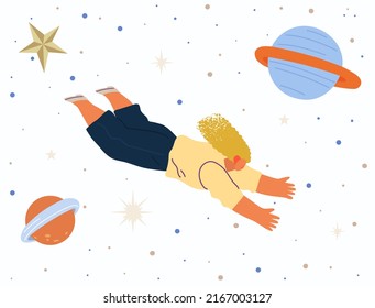 Astronaut woman flying among planets in dreams. Lady dressed as spaceman dreams about space. Girl with self made jetpack flying to sky. Person in costume of space explorer