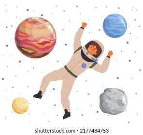 Astronaut woman flying among planets in dreams. Male dressed as spaceman dreams about space. Boy with self made jetpack flying to sky. Person in costume of space explorer