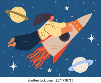 Astronaut woman flying on rocket among planets and stars in outer space. Lady dressed as spaceman dreams about space. Girl with self made spaceship flying to sky. Person in costume of space explorer