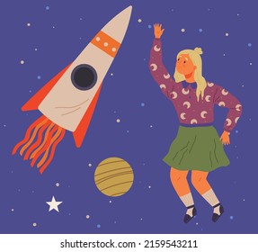 Astronaut woman with jet backpack flying among planets and rockets. Lady dressed as spaceman dreams about space. Girl with self made jetpack flying to sky. Person in costume of space explorer