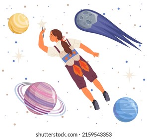 Astronaut woman with jet backpack flying among planets. Lady dressed as spaceman dreams about space. Girl with self made jetpack flying to sky. Person in costume of space explorer