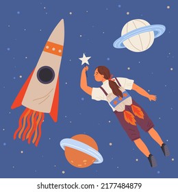 Astronaut woman with jet backpack flying among planets and rockets. Lady dressed as spaceman dreams about space. Girl with self made jetpack flying to sky. Person in costume of space explorer