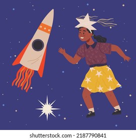 Astronaut woman with jet backpack flying among planets and rockets. Lady dressed as spaceman dreams about space. Girl with self made jetpack flying to sky. Person in costume of space explorer