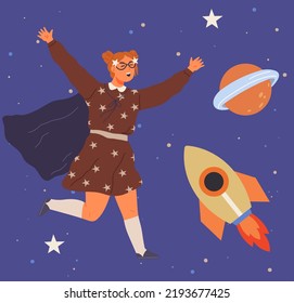 Astronaut woman with jet backpack flying among planets and rockets. Lady dressed as spaceman dreams about space. Girl with self made jetpack flying to sky. Person in costume of space explorer