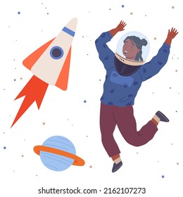 Astronaut woman with jet backpack. Lady dressed as astronaut at costume party. Outfit for holiday in cosmic style. Girl with self made jetpack flying to sky. Person in costume of space explorer