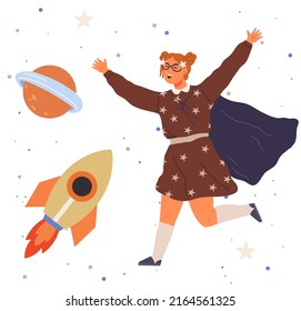 Astronaut Woman With Jet Backpack. Lady Dressed As Astronaut At Costume Party. Outfit For Holiday In Cosmic Style. Girl With Self Made Jetpack Flying To Sky. Person In Costume Of Space Explorer