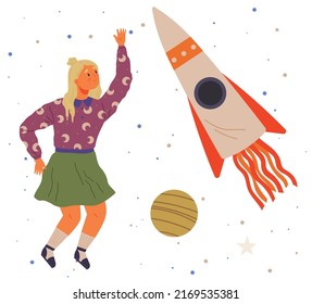 Astronaut Woman With Jet Backpack. Lady Dressed As Astronaut At Costume Party. Outfit For Holiday In Cosmic Style. Girl With Self Made Jetpack Flying To Sky. Person In Costume Of Space Explorer