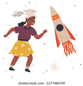 Astronaut Woman With Jet Backpack. Lady Dressed As Astronaut At Costume Party. Outfit For Holiday In Cosmic Style. Girl With Self Made Jetpack Flying To Sky. Person In Costume Of Space Explorer