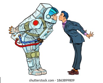Astronaut woman or man prepared for a kiss with the groom. Pop art retro illustration kitsch vintage 50s 60s style