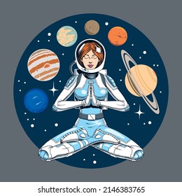 Astronaut woman meditating in the lotus pose. Solar planets and stars on the background. Space yoga vector illustration. 