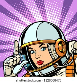 astronaut woman points up. Pop art retro vector vintage kitsch illustration drawing