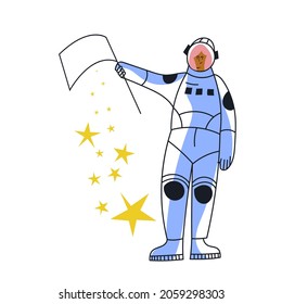 Astronaut woman in spacesuit and helmet with flag flat vector illustration. Girl cosmonaut character. Female tourist travel in cosmos. Astronaut cartoon people isolated on white background