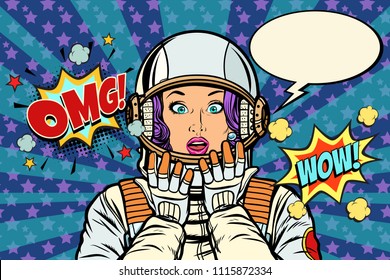 astronaut woman surprise gesture. Pop art retro vector vintage kitsch illustration drawing