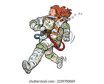 Astronaut woman winner proudly walks forward. Astronaut space suit. Pop art retro vector illustration 50s 60s style kitsch vintage